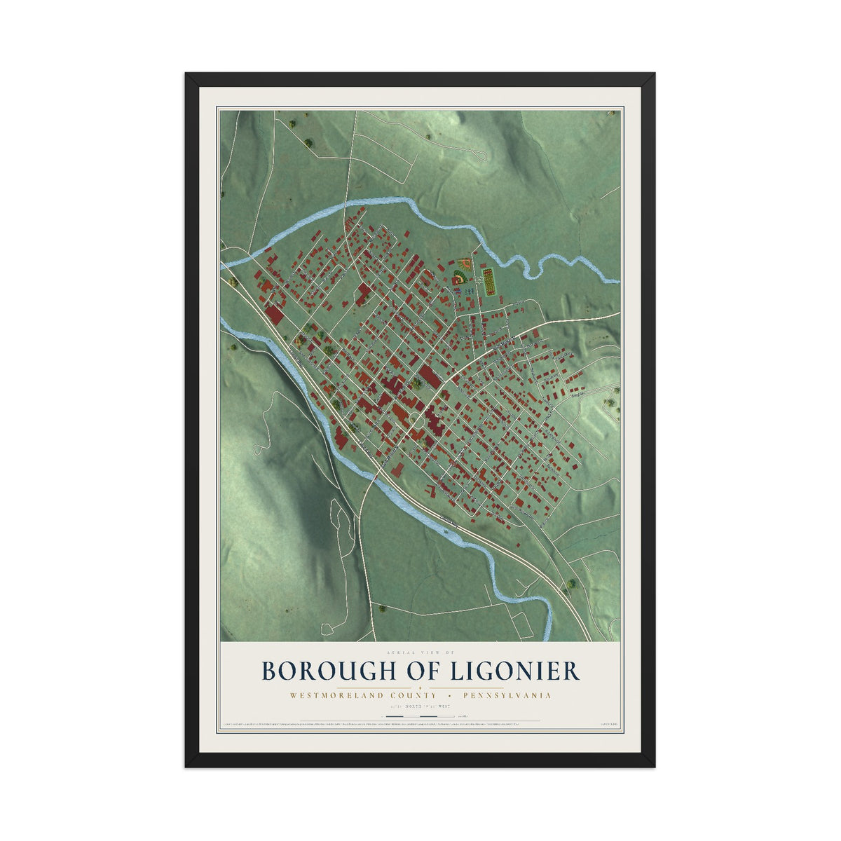 Map of the Borough of Ligonier, Westmoreland County, Pennsylvania, 12 x 18 inch print in a black wood frame
