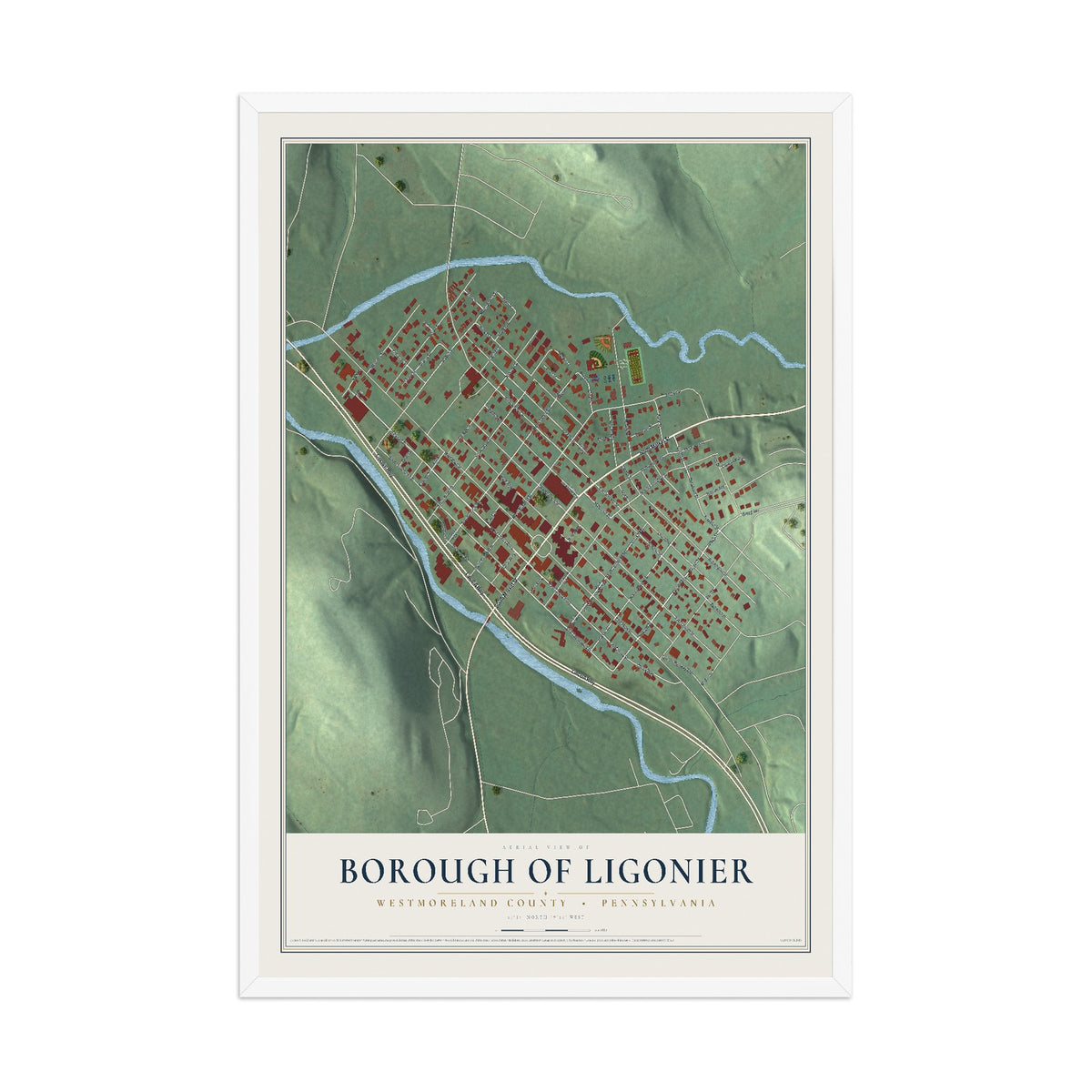 Map of the Borough of Ligonier, Westmoreland County, Pennsylvania, 12 x 18 inch print in a white wood frame