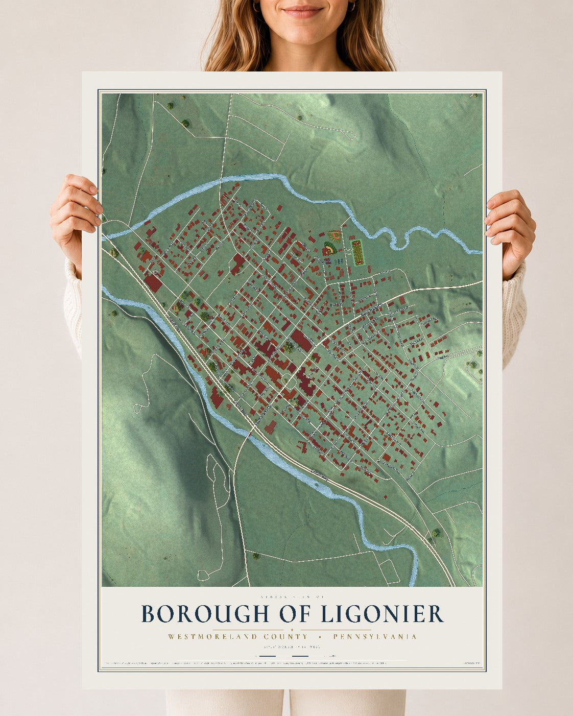Map of the Borough of Ligonier, Westmoreland County, Pennsylvania, 24 x 36 inch unframed archival matte print