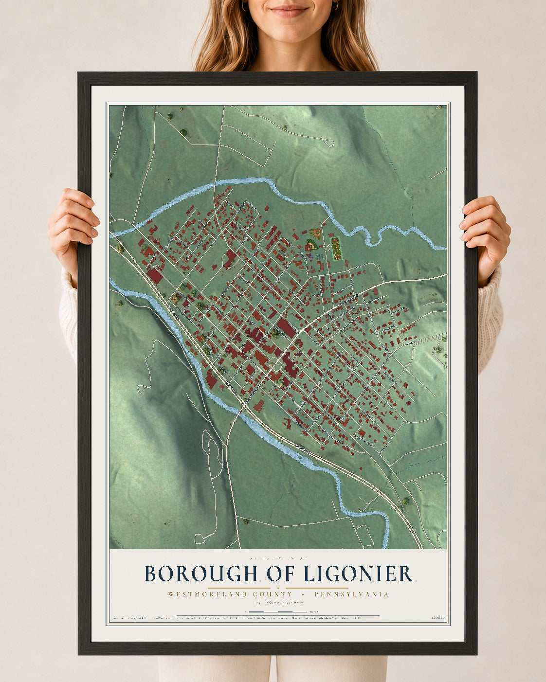 Map of the Borough of Ligonier, Westmoreland County, Pennsylvania, 24 x 36 inch print in a black wood frame
