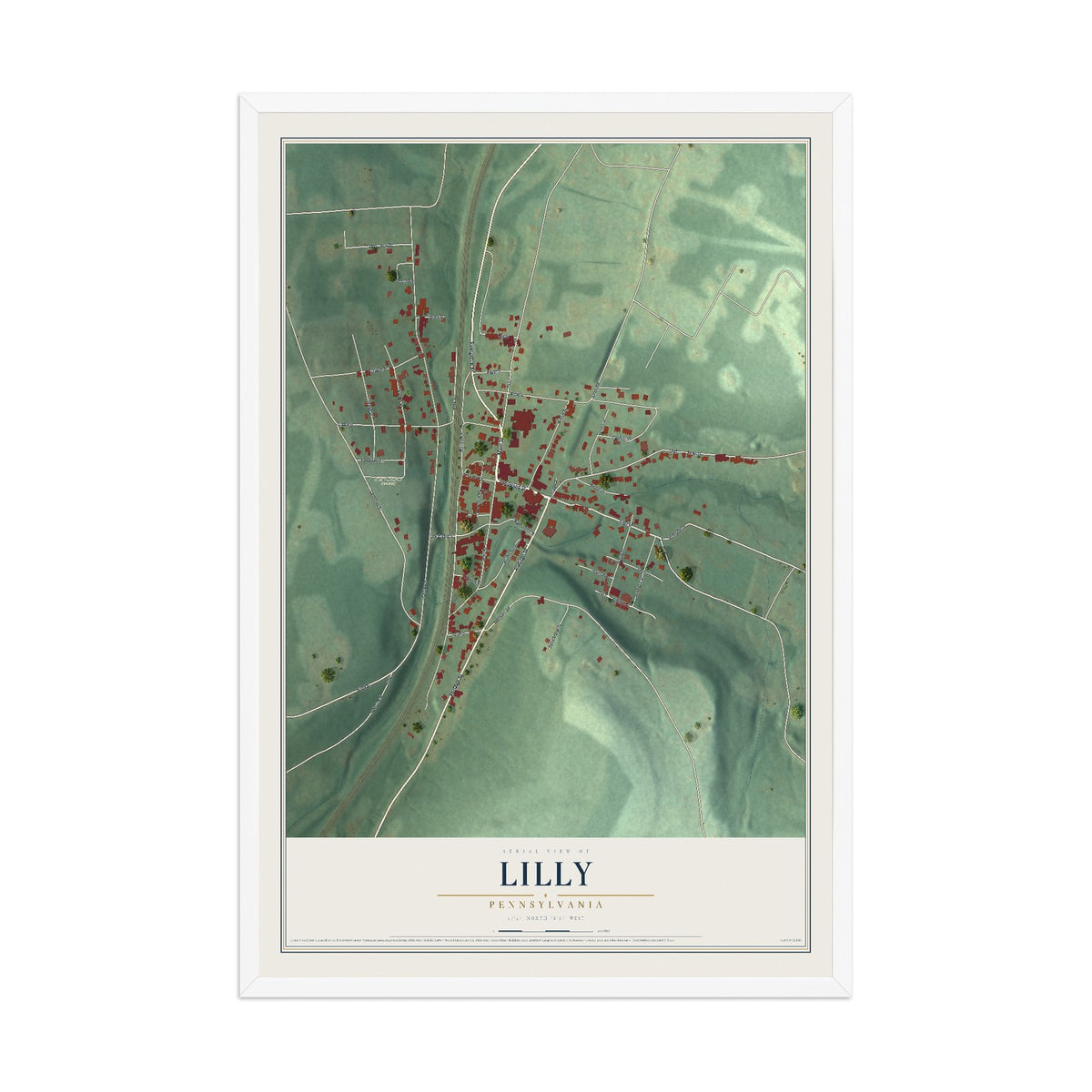 Map of Lilly, Pennsylvania, 12 x 18 inch print in a white wood frame