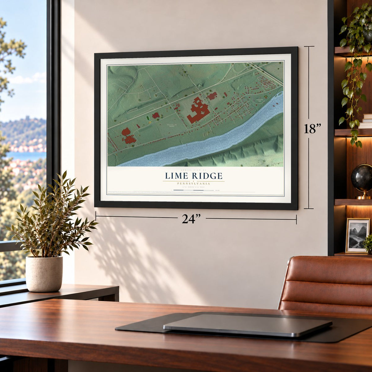Lime Ridge, Pennsylvania map, 18 x 24 inch print in a black frame in a home office