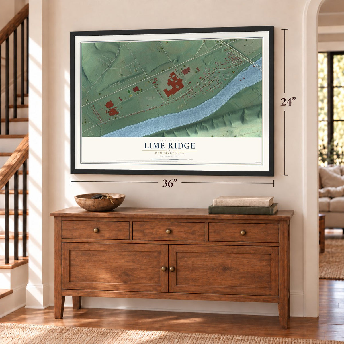 Lime Ridge, Pennsylvania map, 24 x 36 inch print in a black frame above a dresser by a staircase
