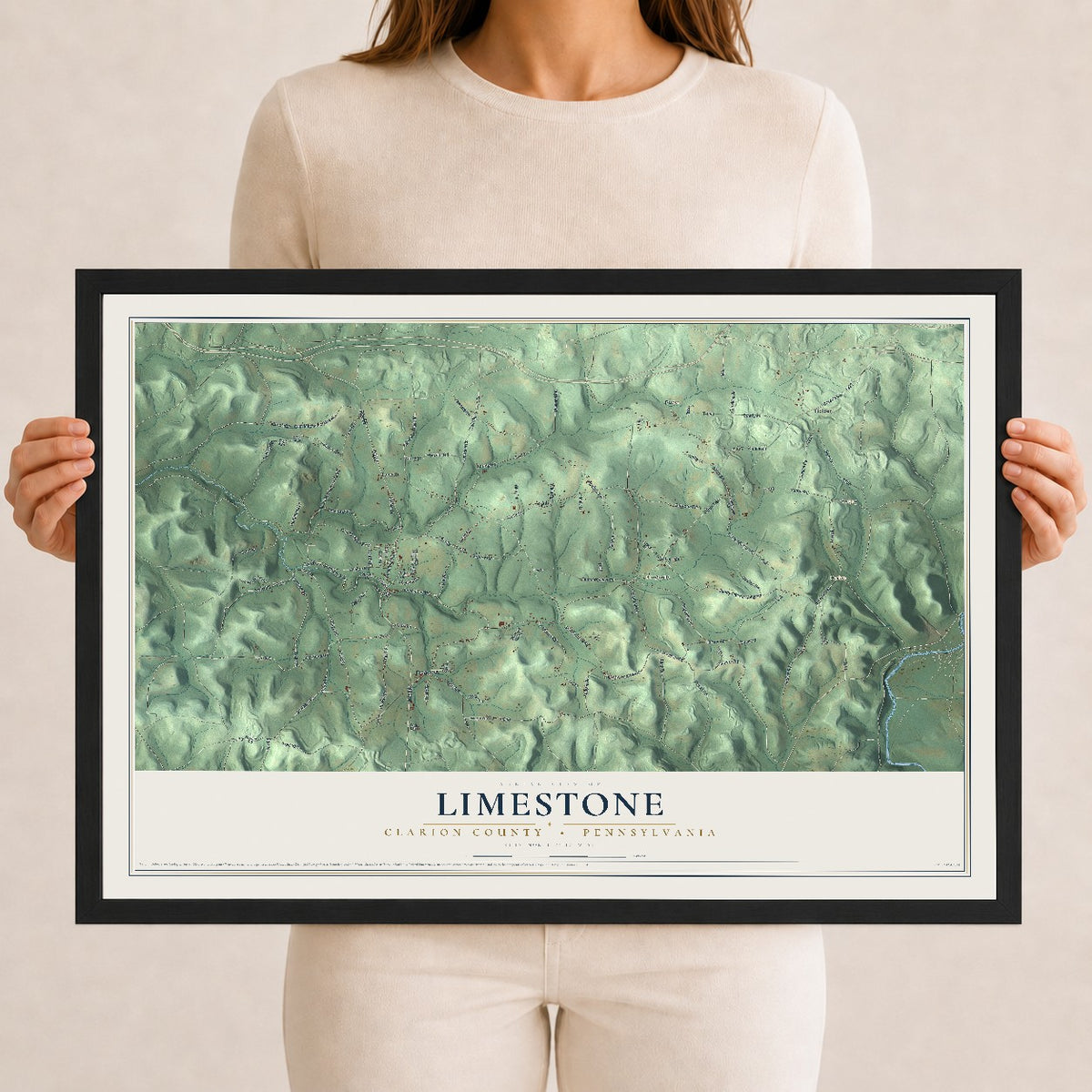 Map of Limestone, Clarion County, Pennsylvania, 12 x 18 inch print in a black wood frame