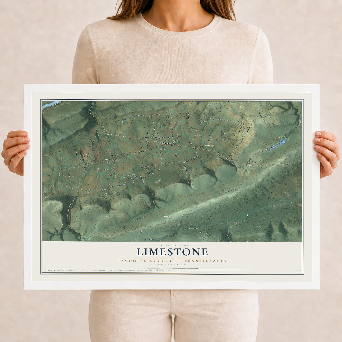 Map of Limestone, Lycoming County, Pennsylvania, 12 x 18 inch print in a white wood frame