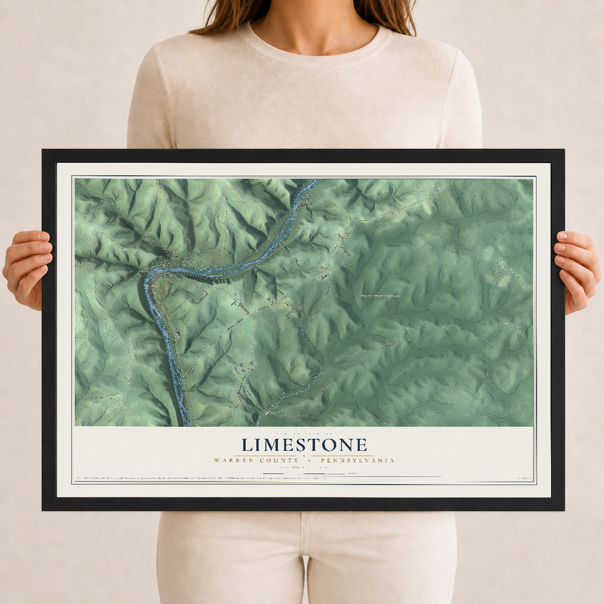Map of Limestone, Warren County, Pennsylvania, 12 x 18 inch print in a black wood frame