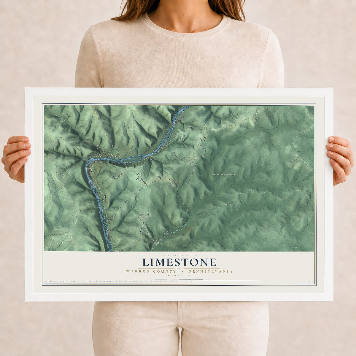 Map of Limestone, Warren County, Pennsylvania, 12 x 18 inch print in a white wood frame
