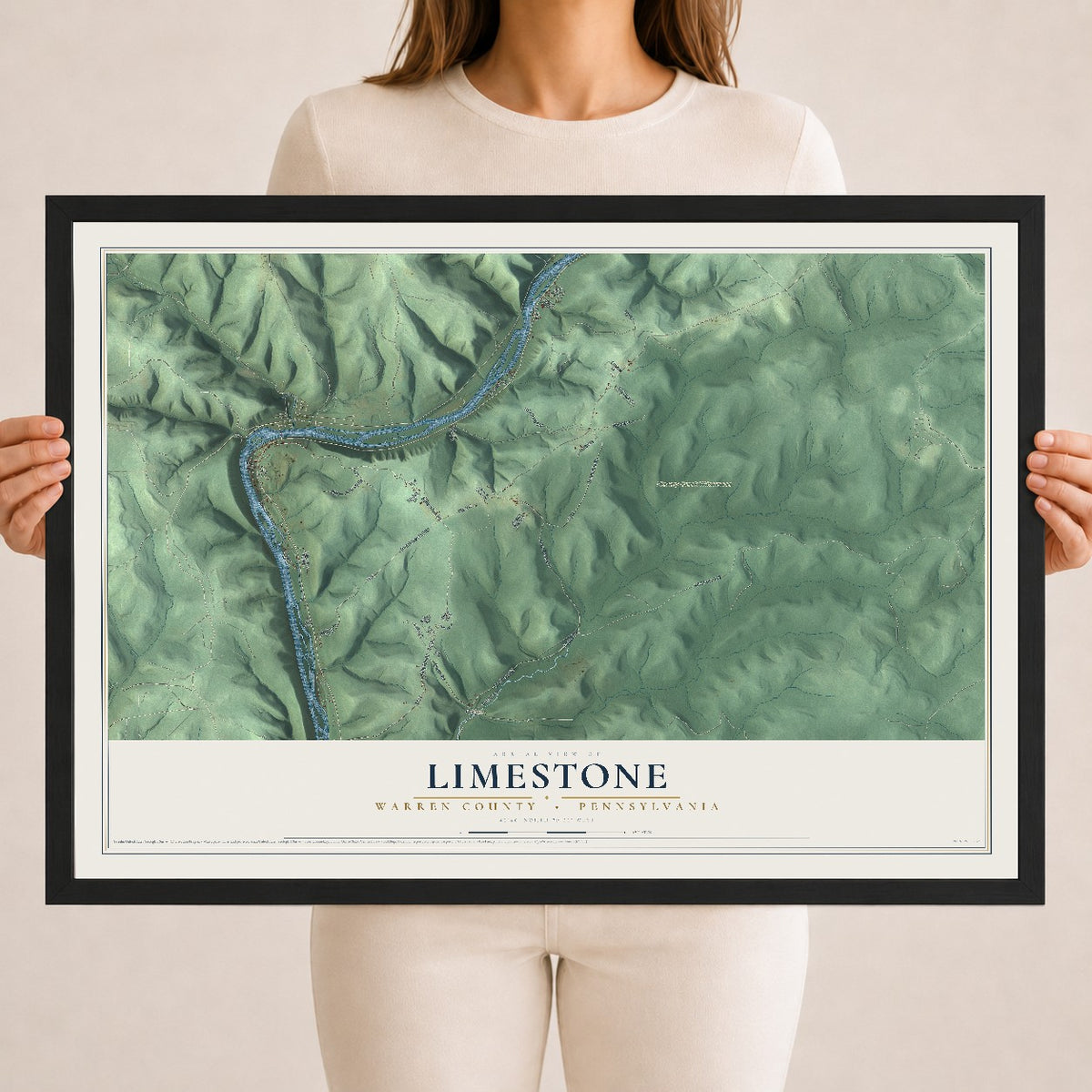 Map of Limestone, Warren County, Pennsylvania, 18 x 24 inch print in a black wood frame