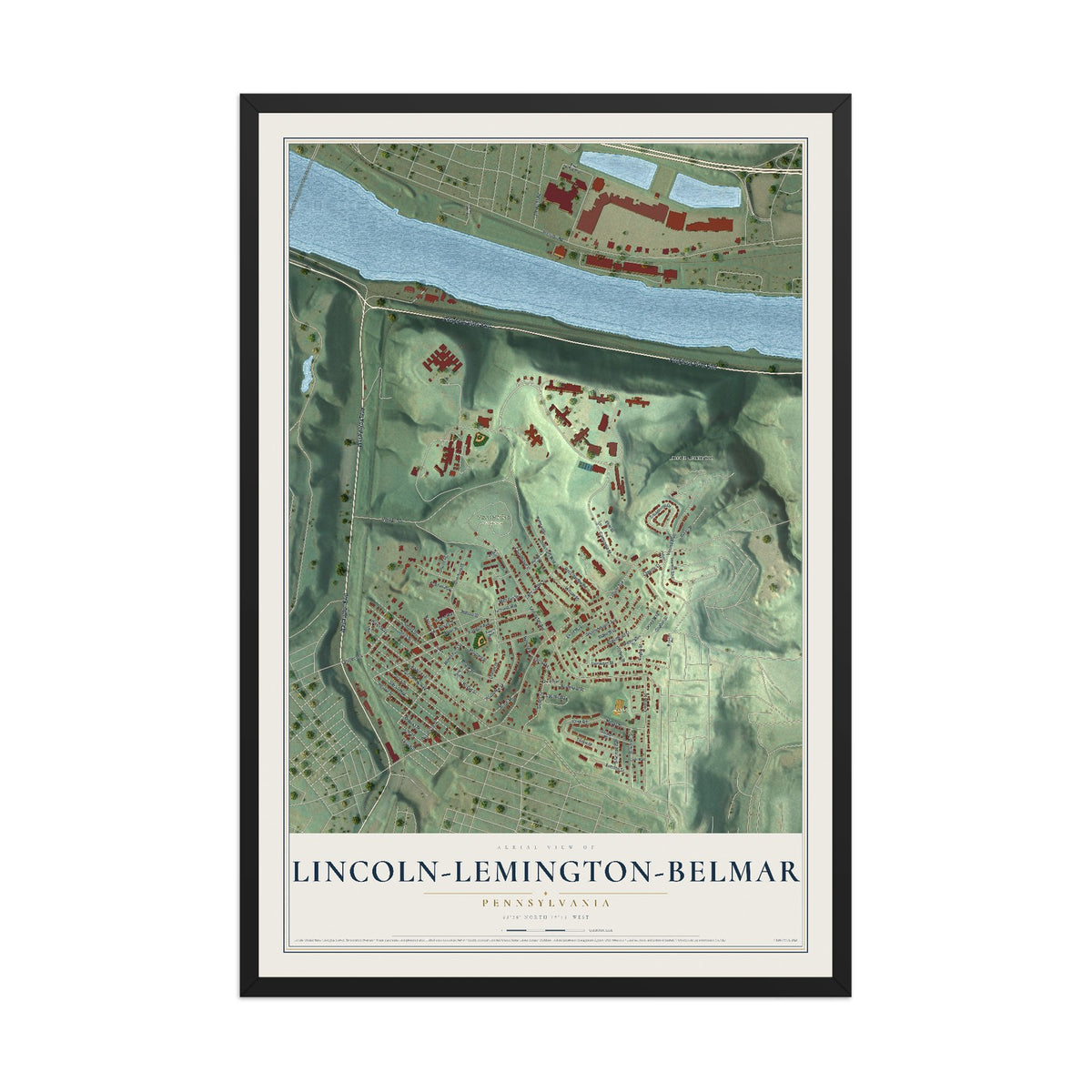 Map of Lincoln-Lemington-Belmar, Pennsylvania, 12 x 18 inch print in a black wood frame