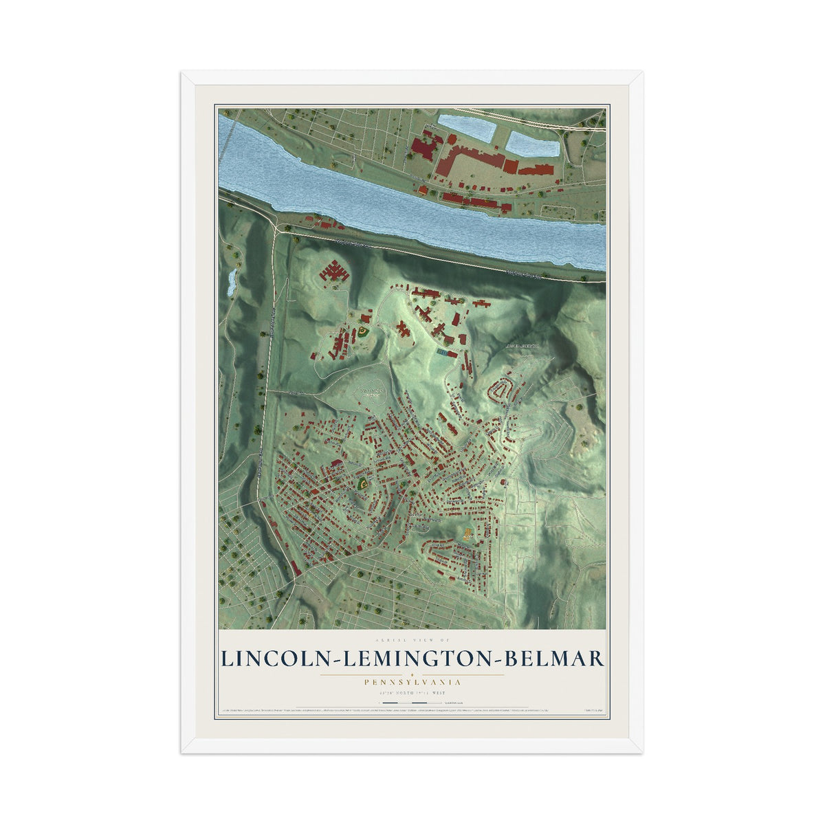 Map of Lincoln-Lemington-Belmar, Pennsylvania, 12 x 18 inch print in a white wood frame