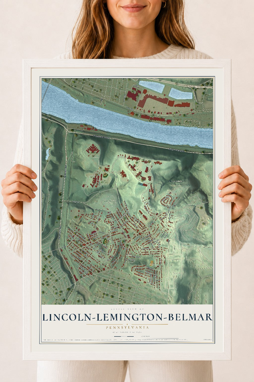 Map of Lincoln-Lemington-Belmar, Pennsylvania, 18 x 24 inch print in a white wood frame