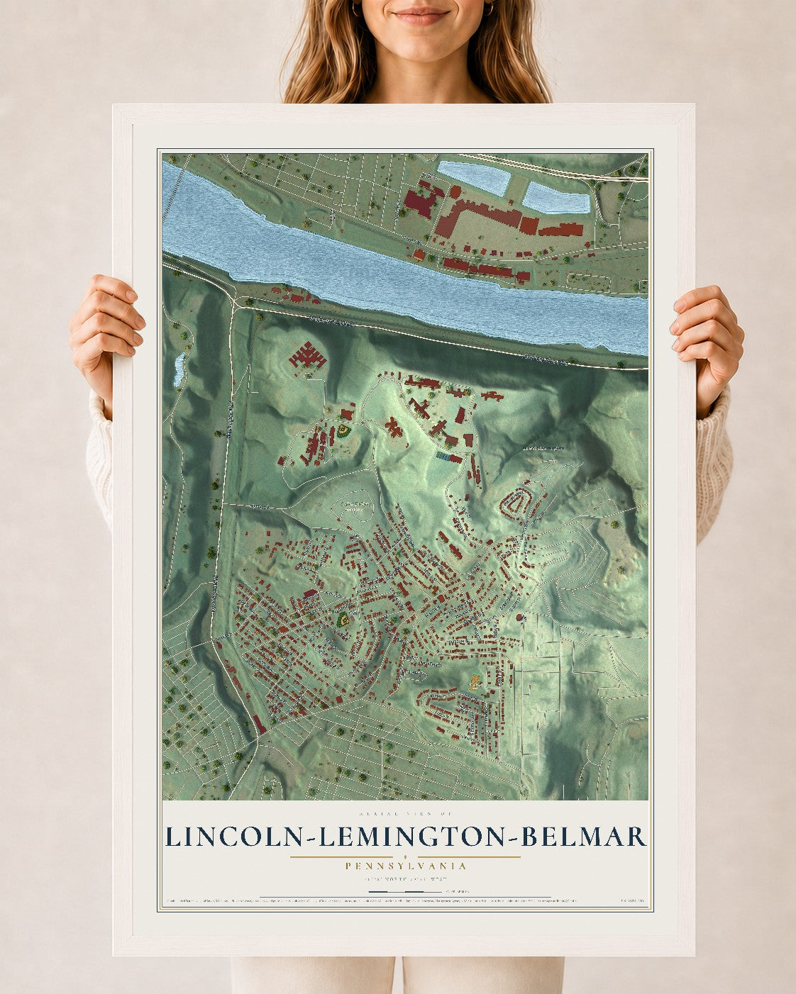 Map of Lincoln-Lemington-Belmar, Pennsylvania, 24 x 36 inch print in a white wood frame
