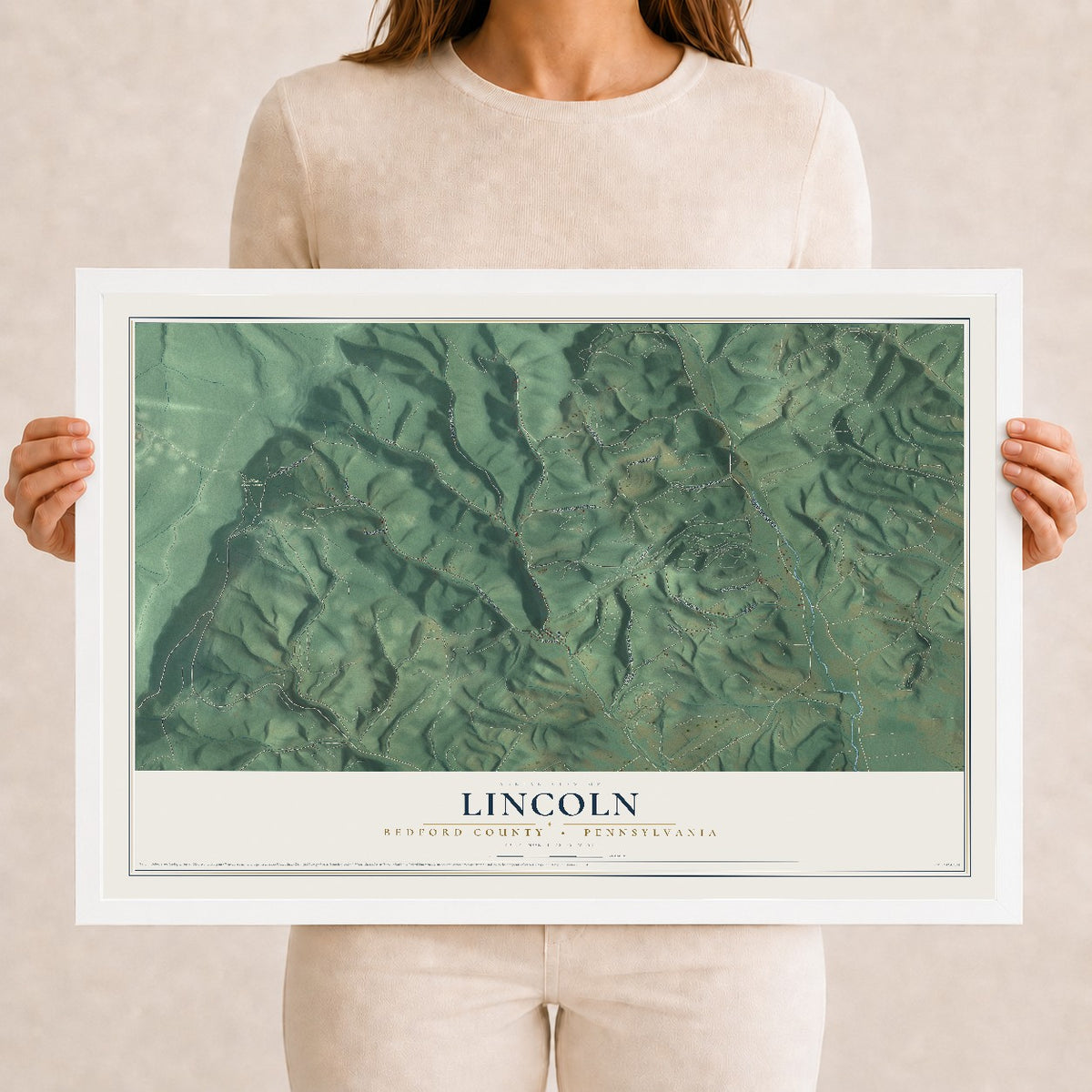 Map of Lincoln, Bedford County, Pennsylvania, 12 x 18 inch print in a white wood frame