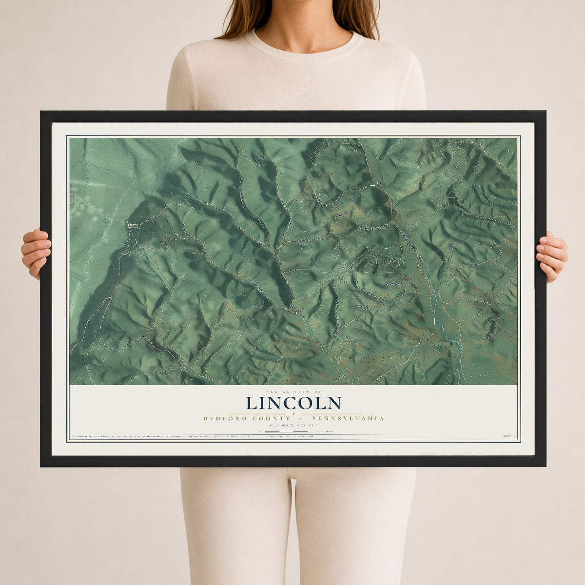 Map of Lincoln, Bedford County, Pennsylvania, 24 x 36 inch print in a black wood frame