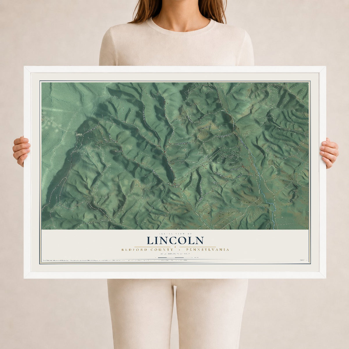 Map of Lincoln, Bedford County, Pennsylvania, 24 x 36 inch print in a white wood frame