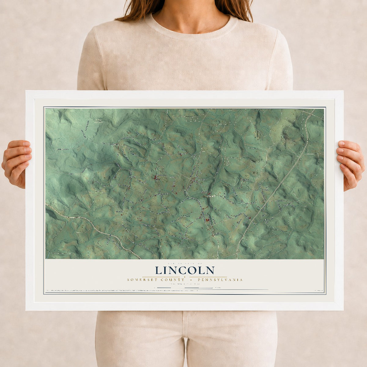 Map of Lincoln, Somerset County, Pennsylvania, 12 x 18 inch print in a white wood frame