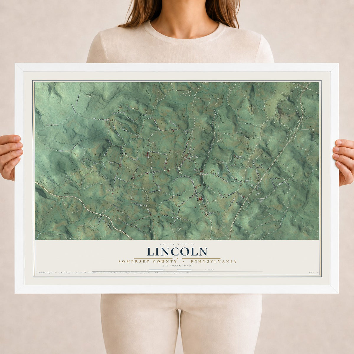 Map of Lincoln, Somerset County, Pennsylvania, 18 x 24 inch print in a white wood frame