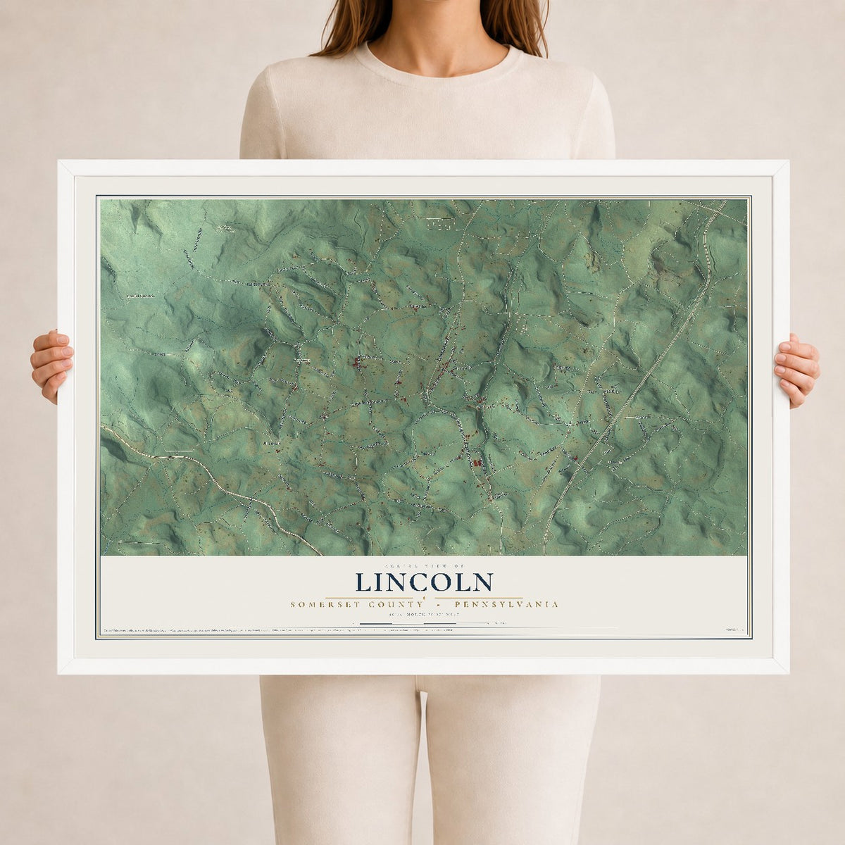 Map of Lincoln, Somerset County, Pennsylvania, 24 x 36 inch print in a white wood frame