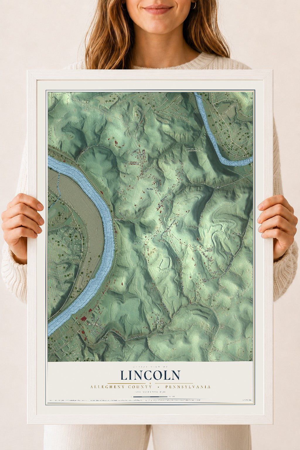 Map of Lincoln, Allegheny County, Pennsylvania, 18 x 24 inch print in a white wood frame
