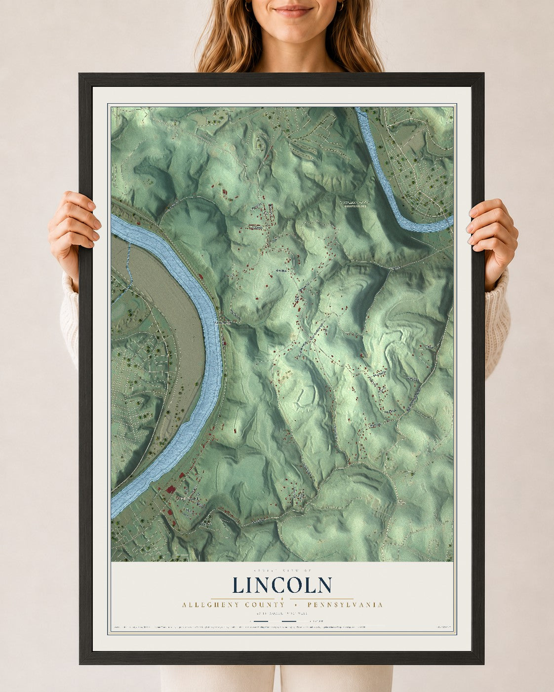 Map of Lincoln, Allegheny County, Pennsylvania, 24 x 36 inch print in a black wood frame
