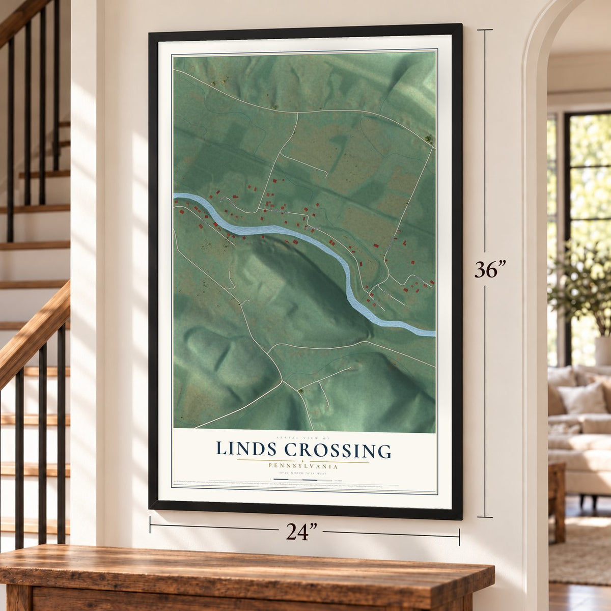 Linds Crossing, Pennsylvania map, 24 x 36 inch print in a black frame by a staircase