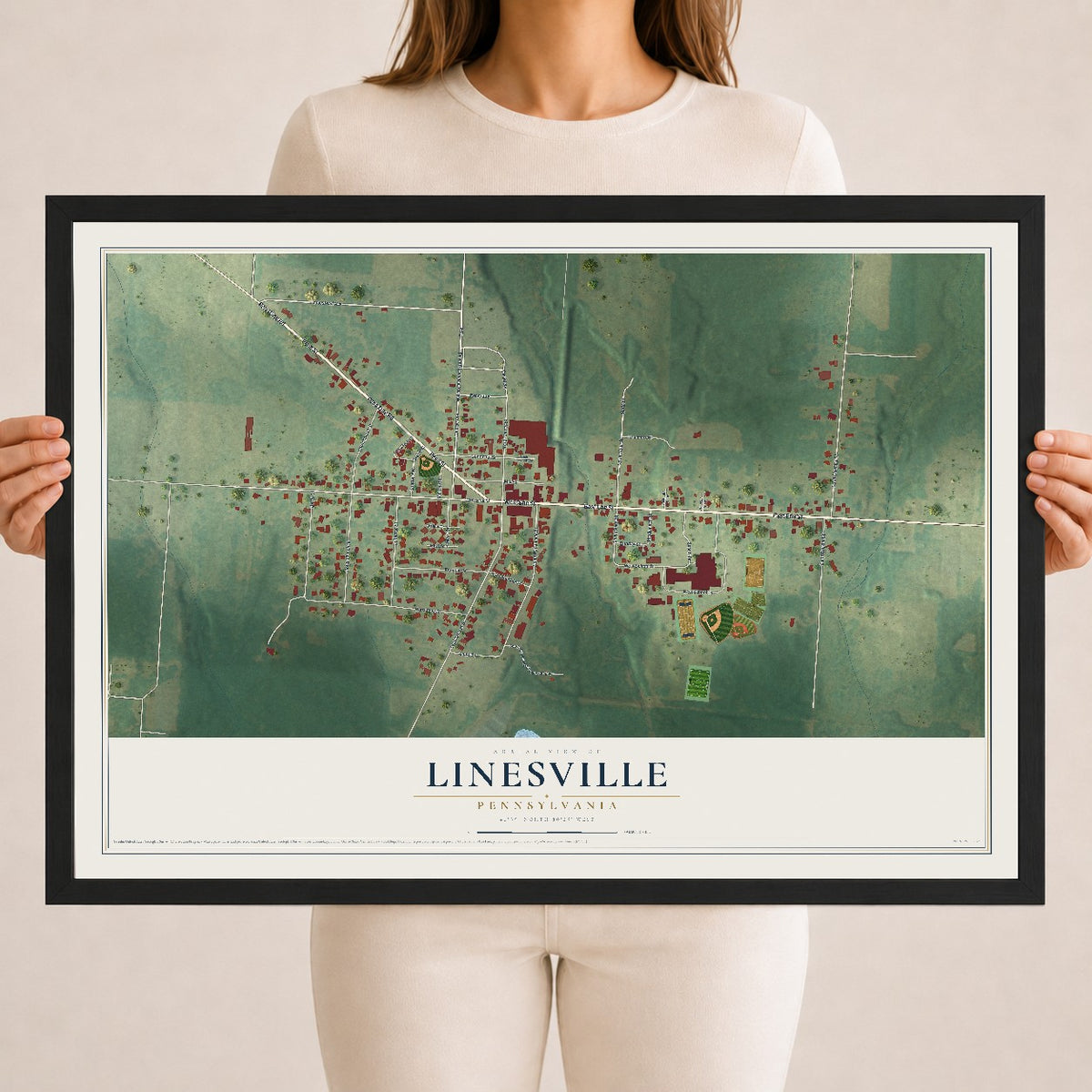 Map of Linesville, Pennsylvania, 18 x 24 inch print in a black wood frame