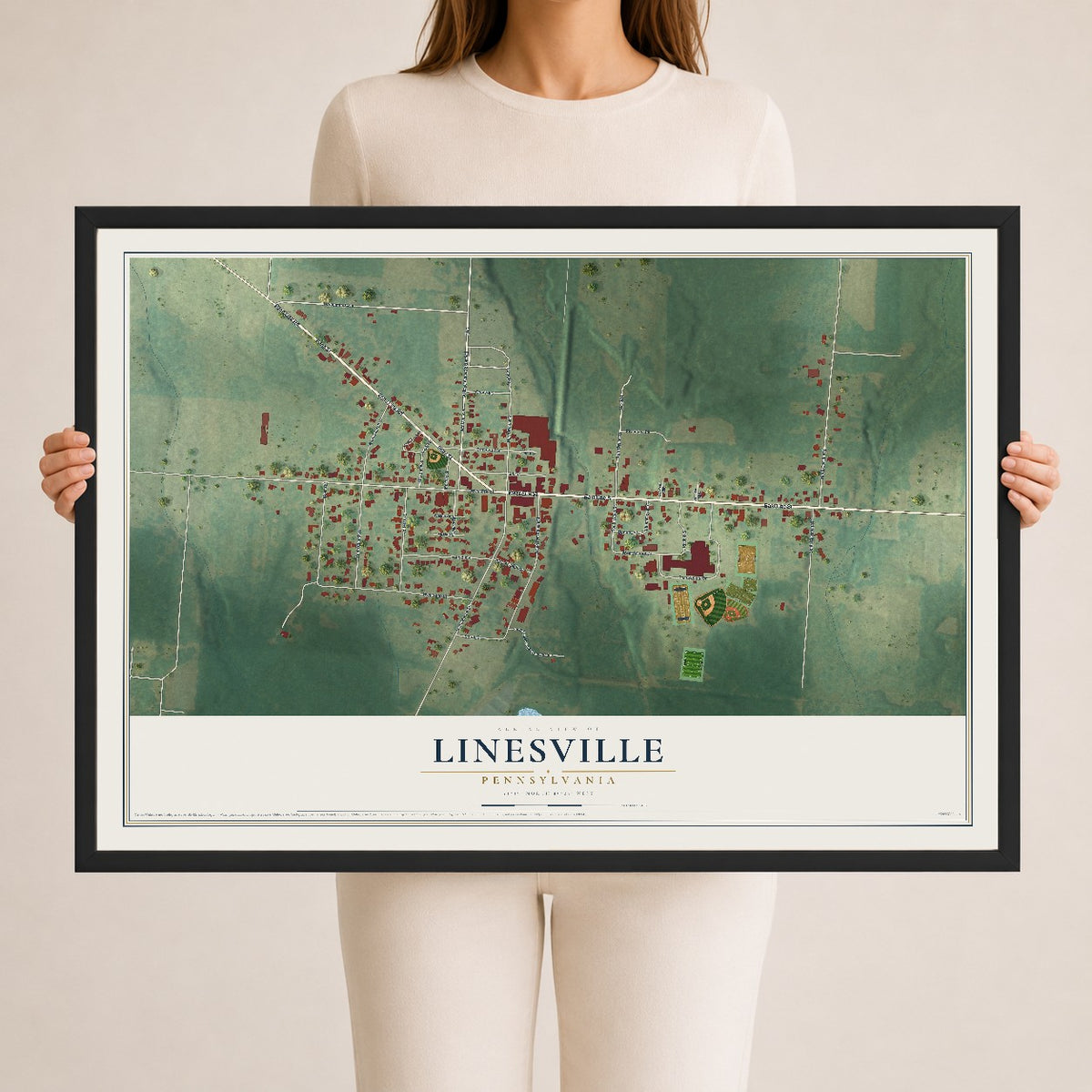 Map of Linesville, Pennsylvania, 24 x 36 inch print in a black wood frame