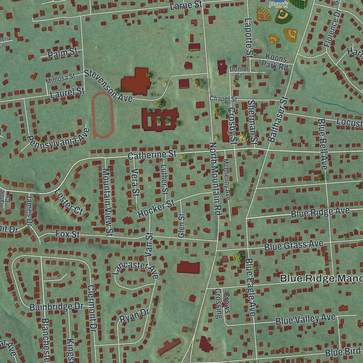 Close-up of the map of Linglestown, Pennsylvania print showing street and building detail