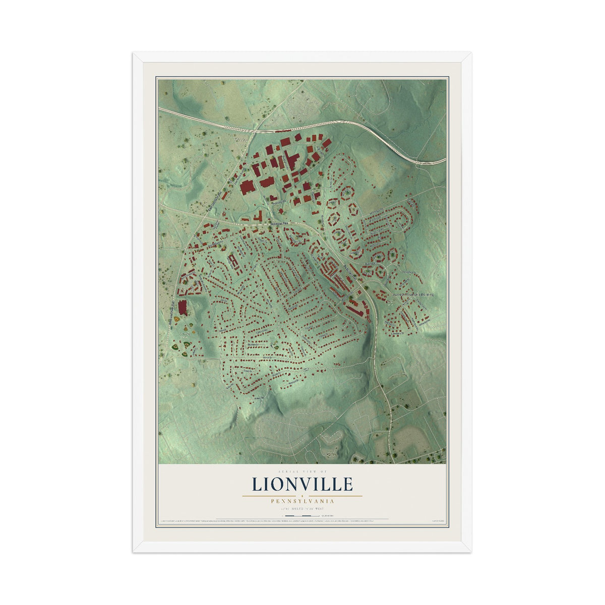 Map of Lionville, Pennsylvania, 12 x 18 inch print in a white wood frame