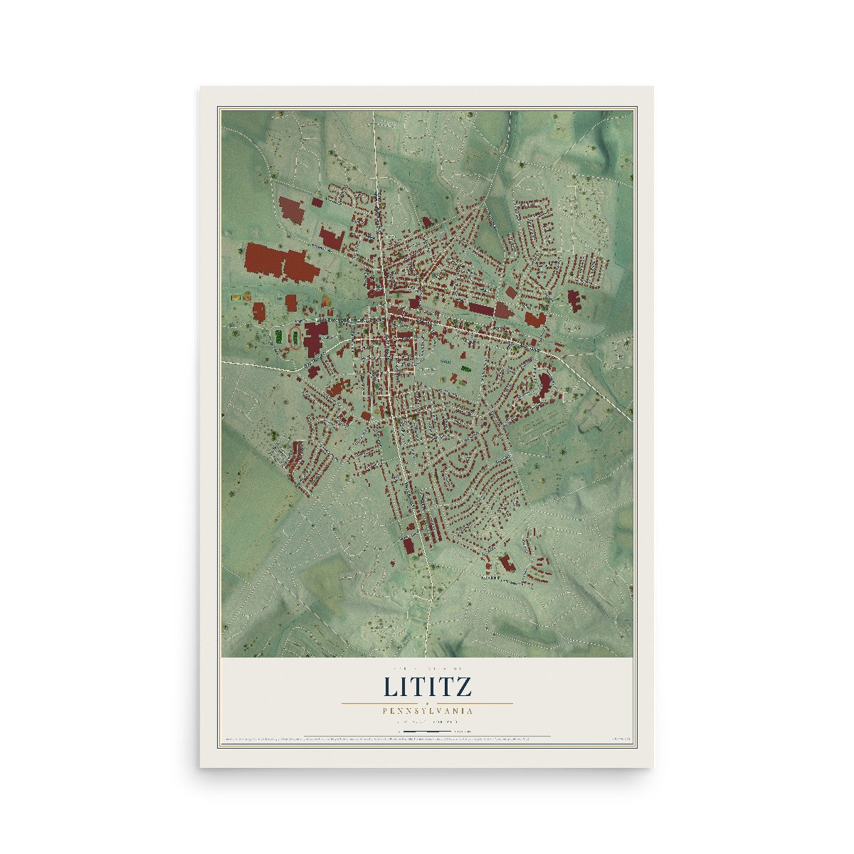 Map of Lititz, Pennsylvania, 12 x 18 inch unframed archival matte print