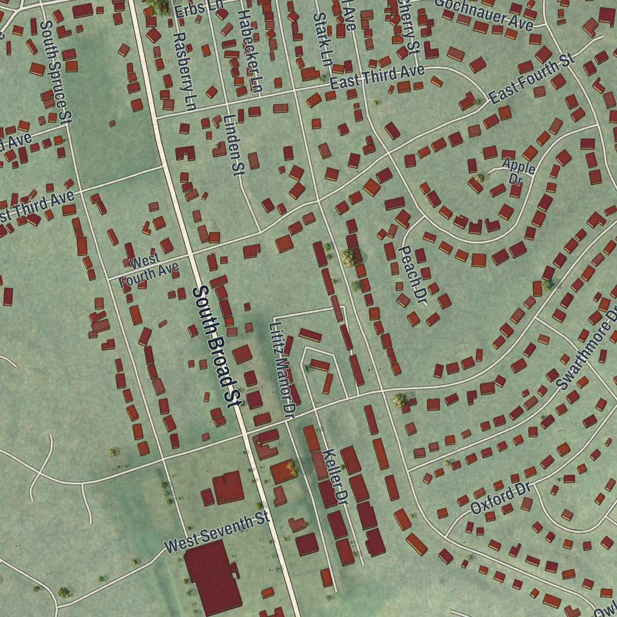 Second close-up of the map of Lititz, Pennsylvania print showing more streets and buildings