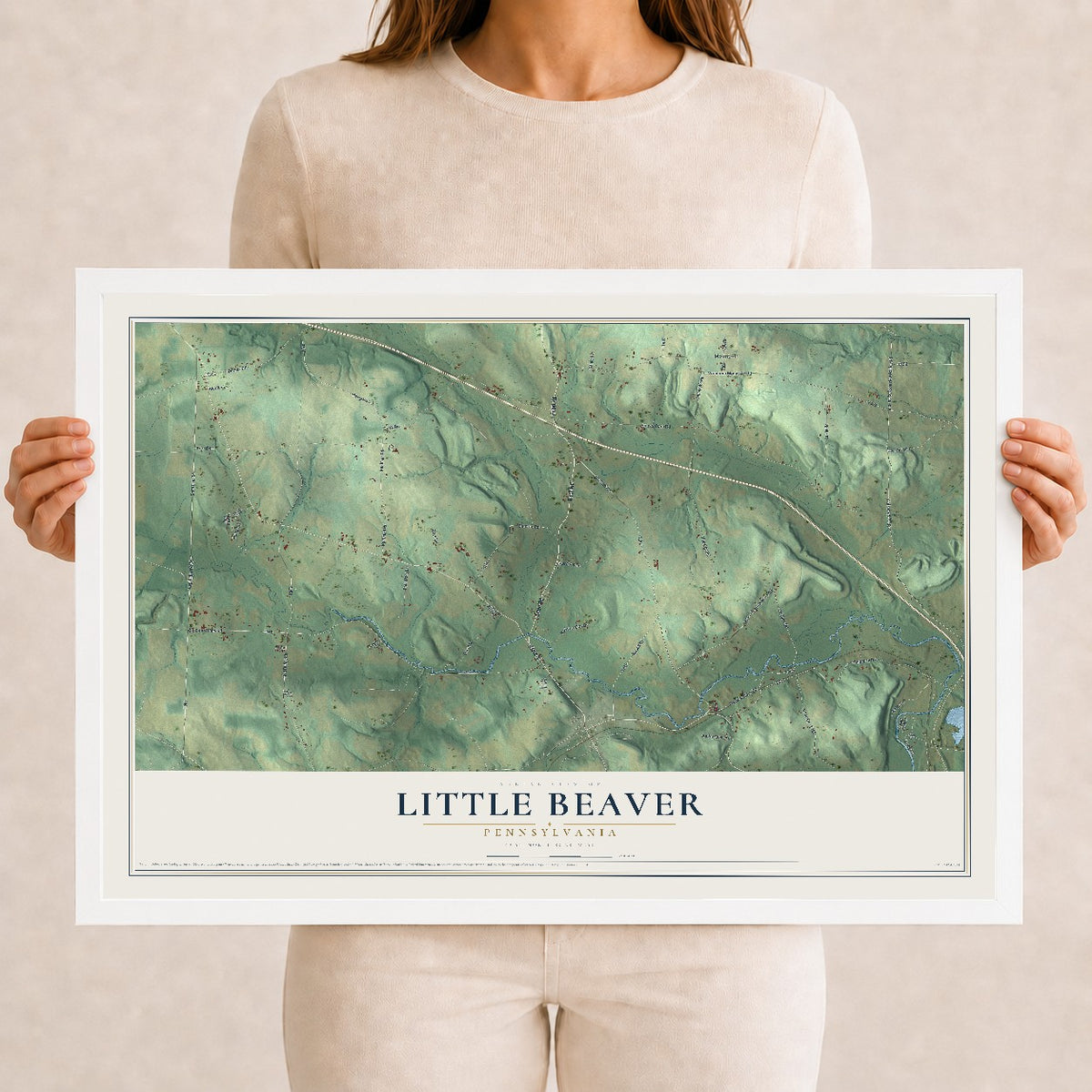 Map of Little Beaver, Pennsylvania, 12 x 18 inch print in a white wood frame