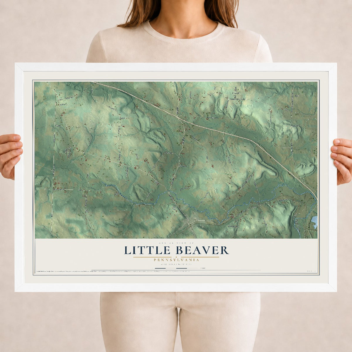 Map of Little Beaver, Pennsylvania, 18 x 24 inch print in a white wood frame