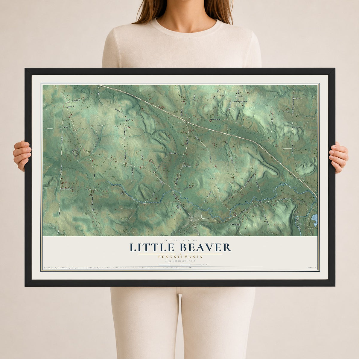 Map of Little Beaver, Pennsylvania, 24 x 36 inch print in a black wood frame