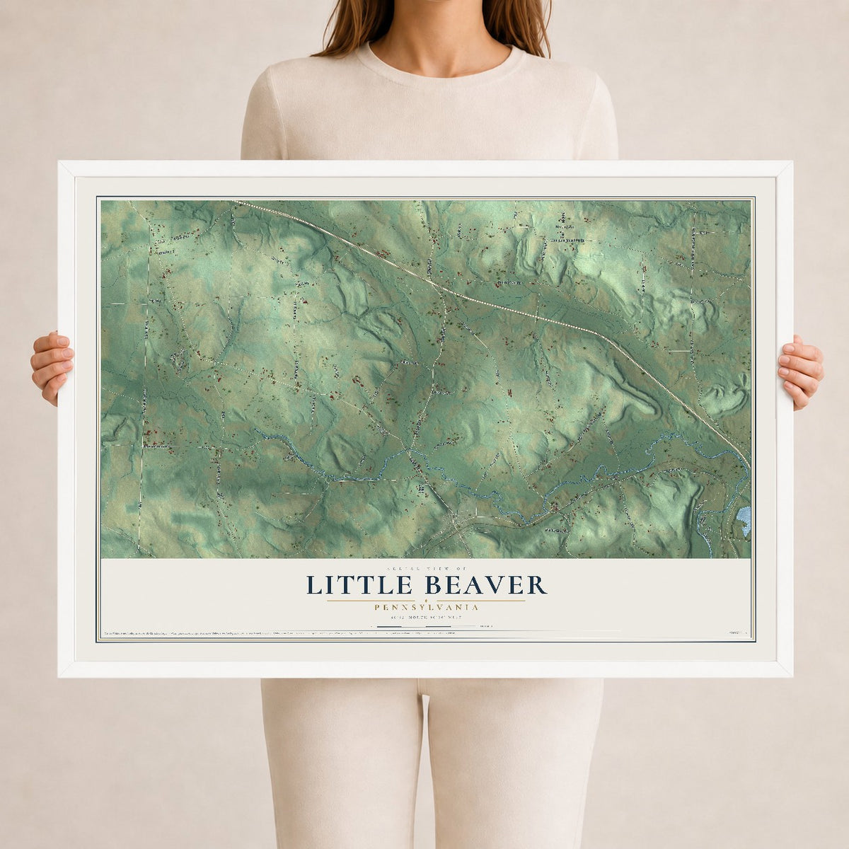 Map of Little Beaver, Pennsylvania, 24 x 36 inch print in a white wood frame