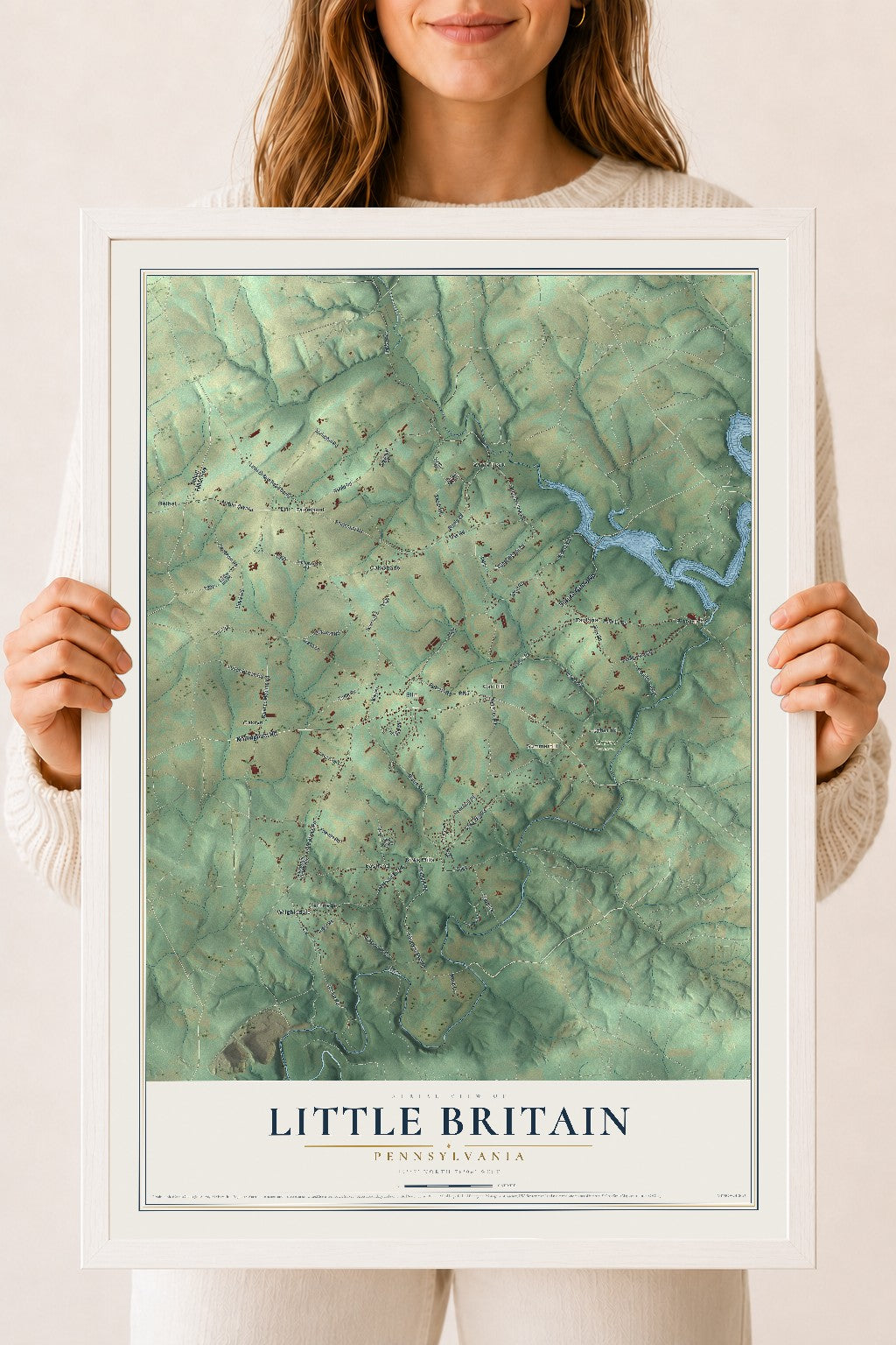 Map of Little Britain, Pennsylvania, 18 x 24 inch print in a white wood frame
