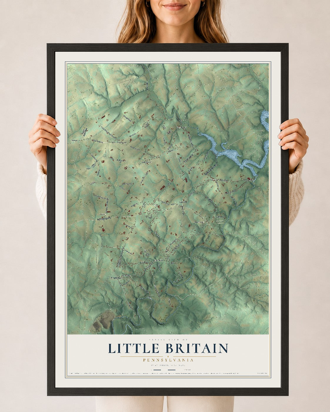 Map of Little Britain, Pennsylvania, 24 x 36 inch print in a black wood frame