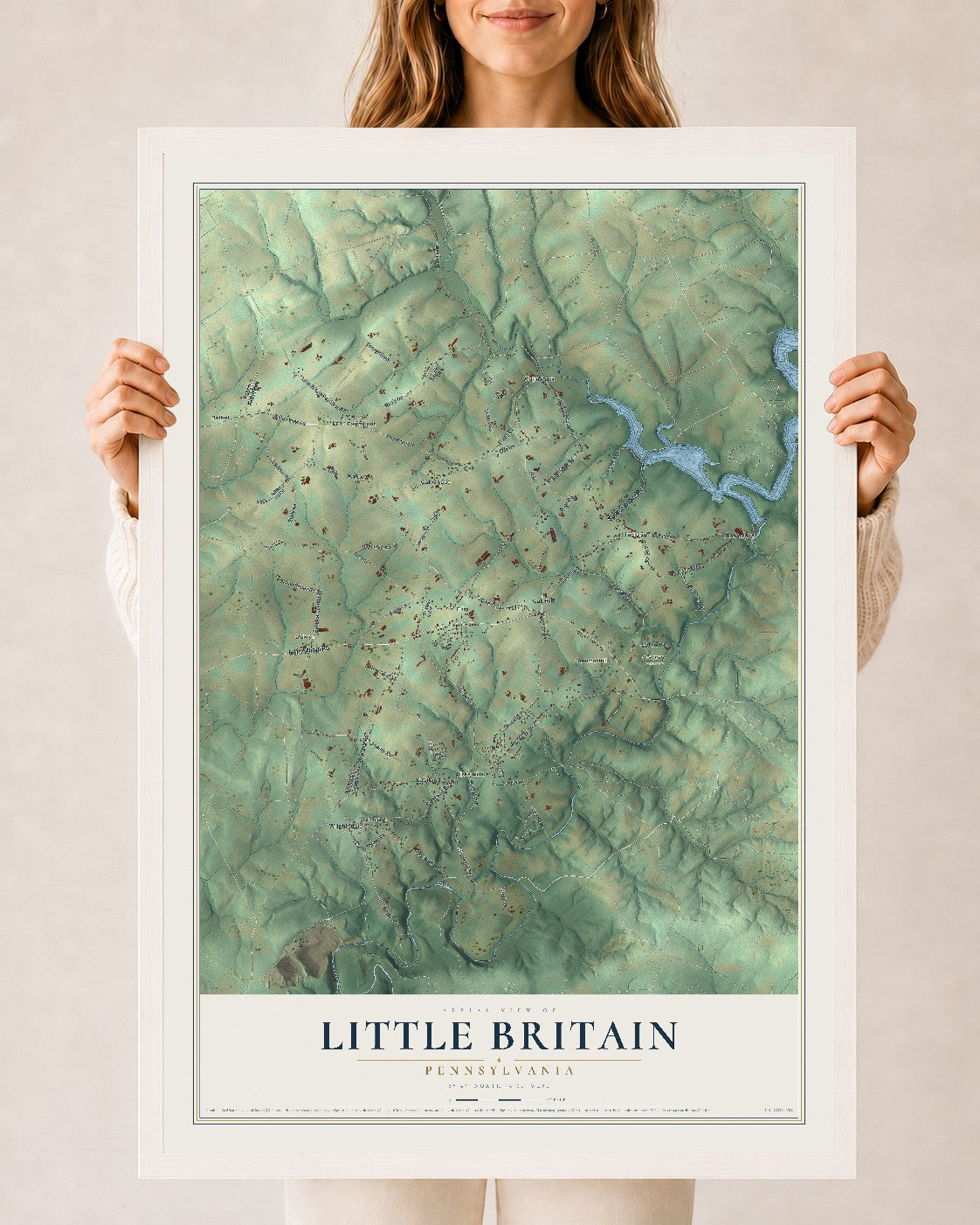 Map of Little Britain, Pennsylvania, 24 x 36 inch print in a white wood frame