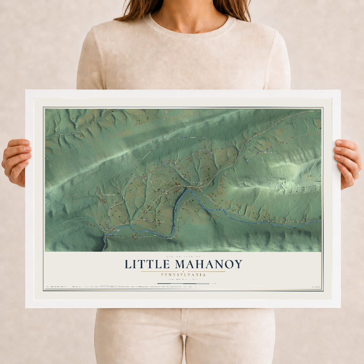Map of Little Mahanoy, Pennsylvania, 12 x 18 inch print in a white wood frame