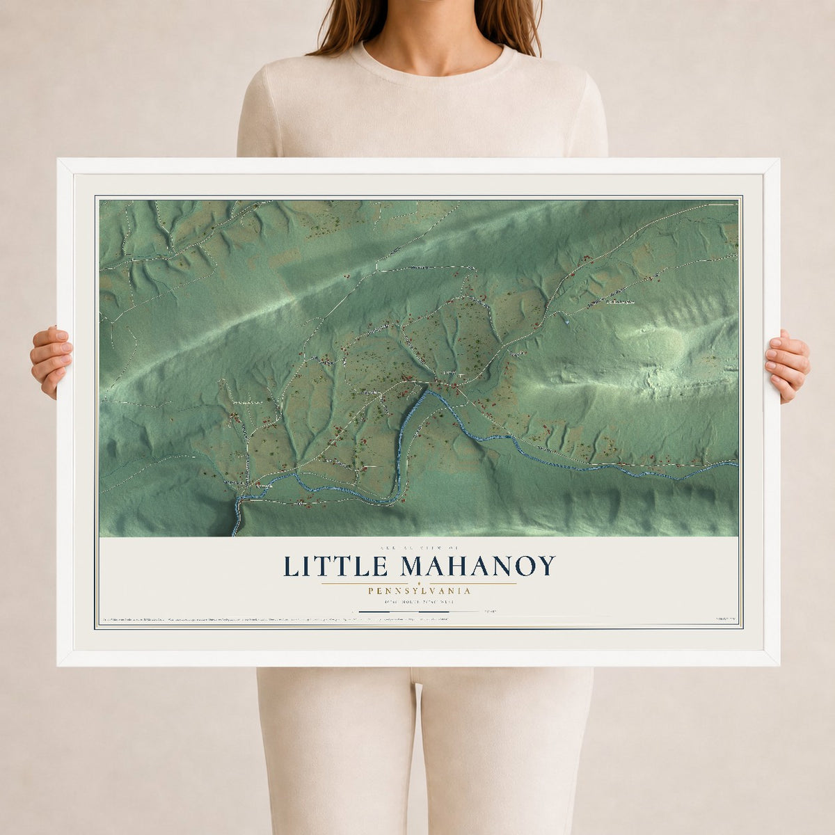 Map of Little Mahanoy, Pennsylvania, 24 x 36 inch print in a white wood frame
