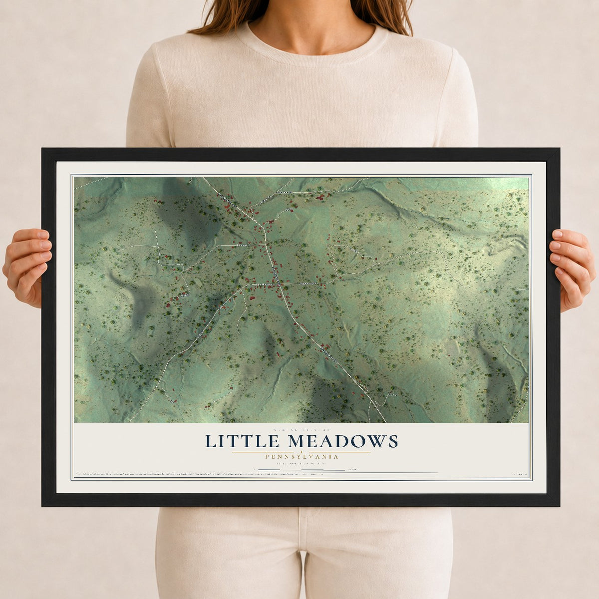 Map of Little Meadows, Pennsylvania, 12 x 18 inch print in a black wood frame