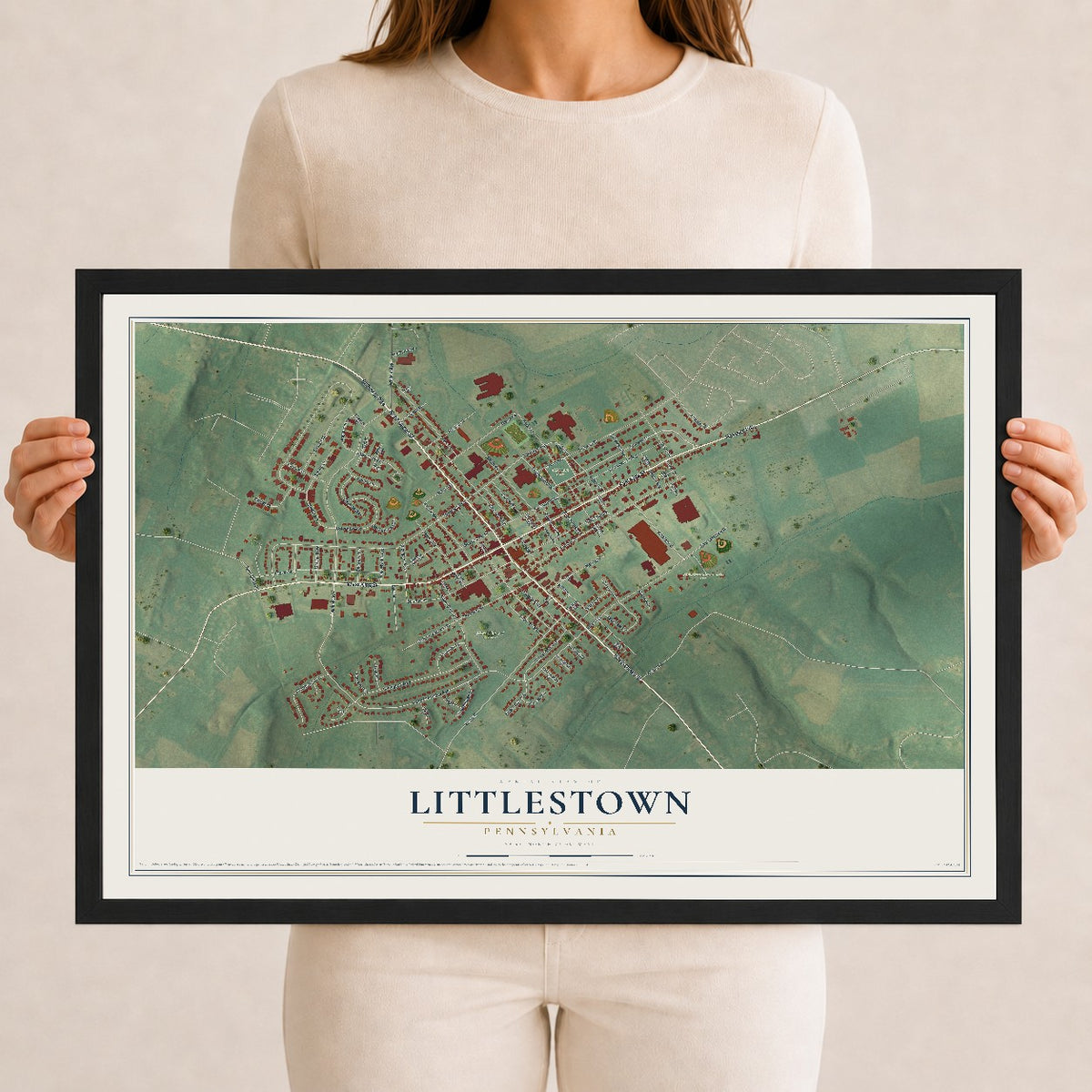 Map of Littlestown, Pennsylvania, 12 x 18 inch print in a black wood frame