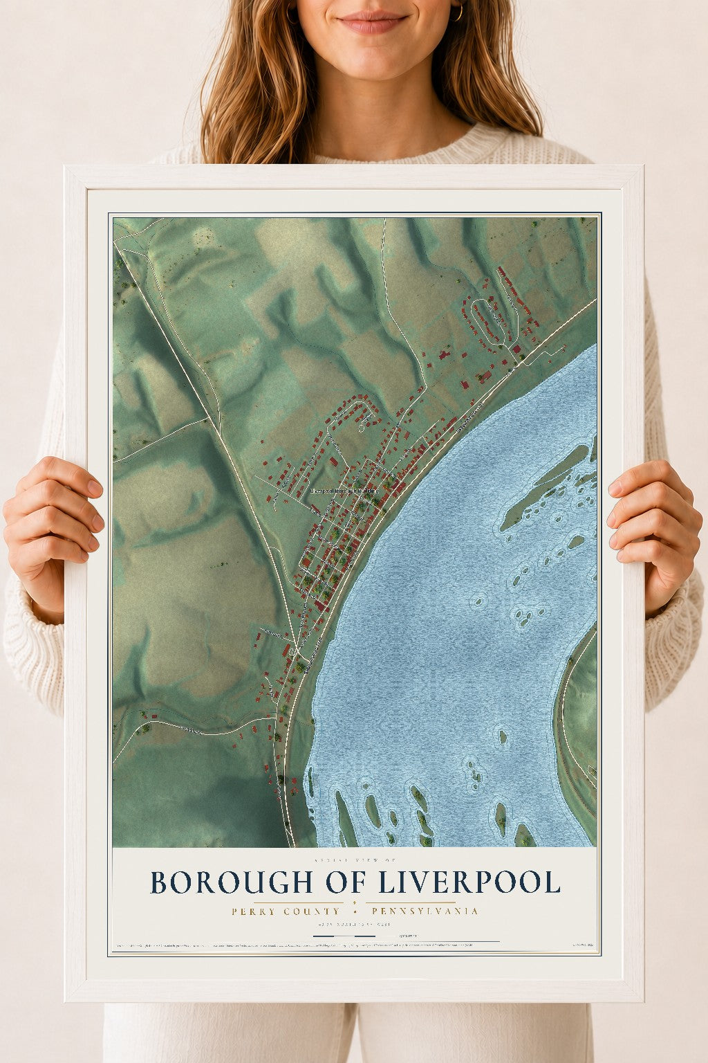 Map of the Borough of Liverpool, Perry County, Pennsylvania, 18 x 24 inch print in a white wood frame