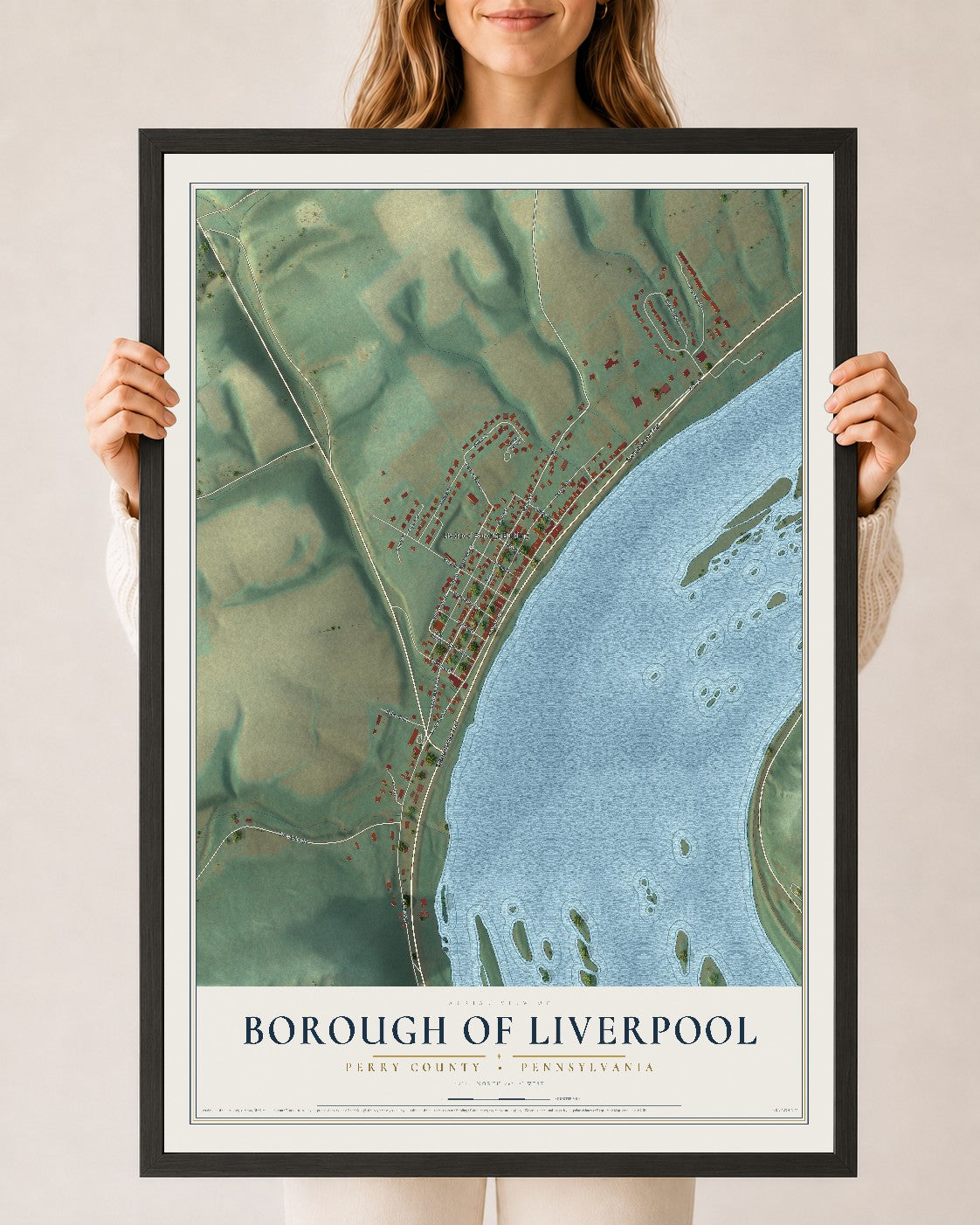 Map of the Borough of Liverpool, Perry County, Pennsylvania, 24 x 36 inch print in a black wood frame