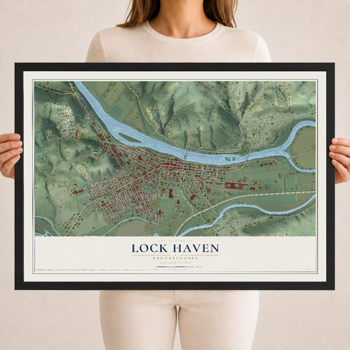 Map of Lock Haven, Pennsylvania, 18 x 24 inch print in a black wood frame