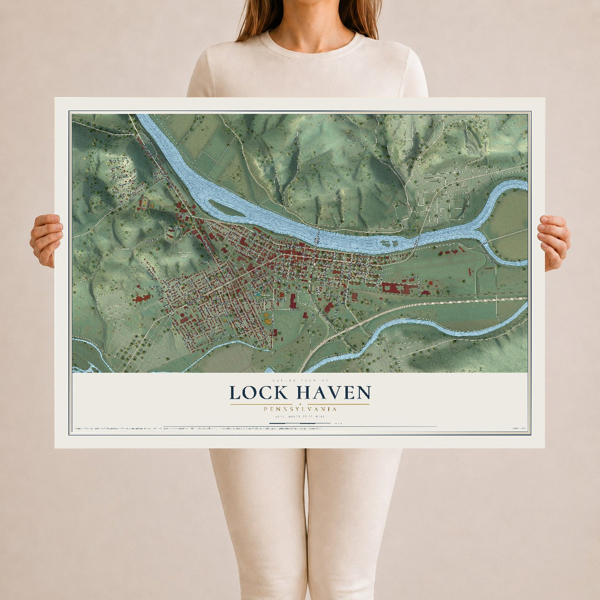 Map of Lock Haven, Pennsylvania, 24 x 36 inch unframed archival matte print