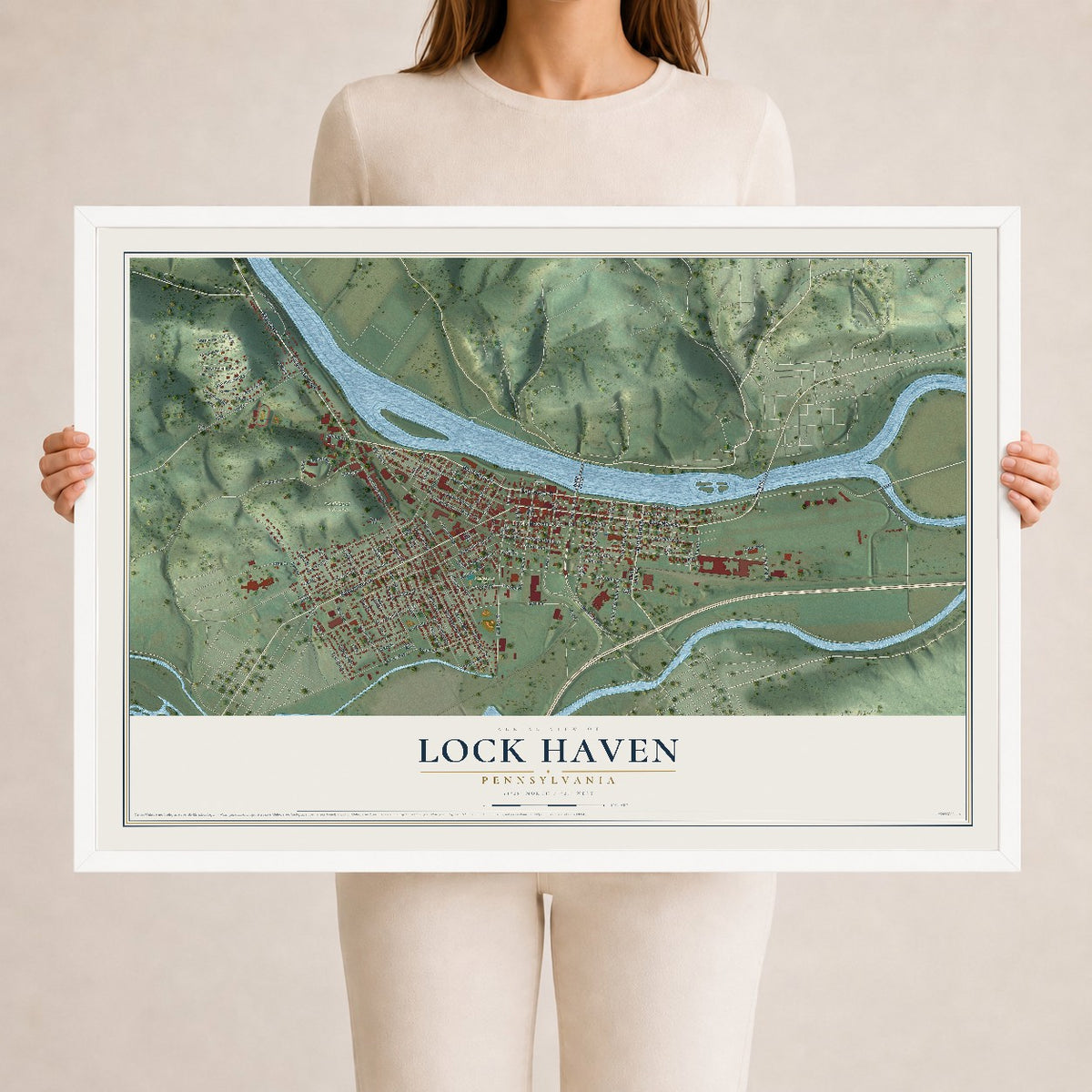 Map of Lock Haven, Pennsylvania, 24 x 36 inch print in a white wood frame