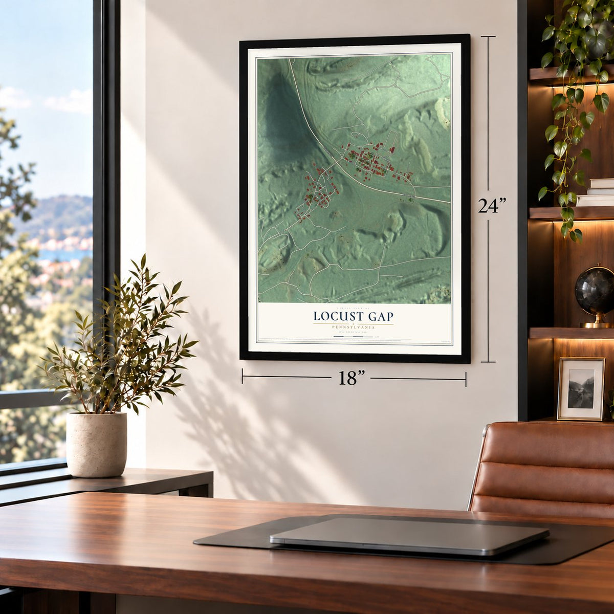 Locust Gap, Pennsylvania map, 18 x 24 inch print in a black frame in a home office