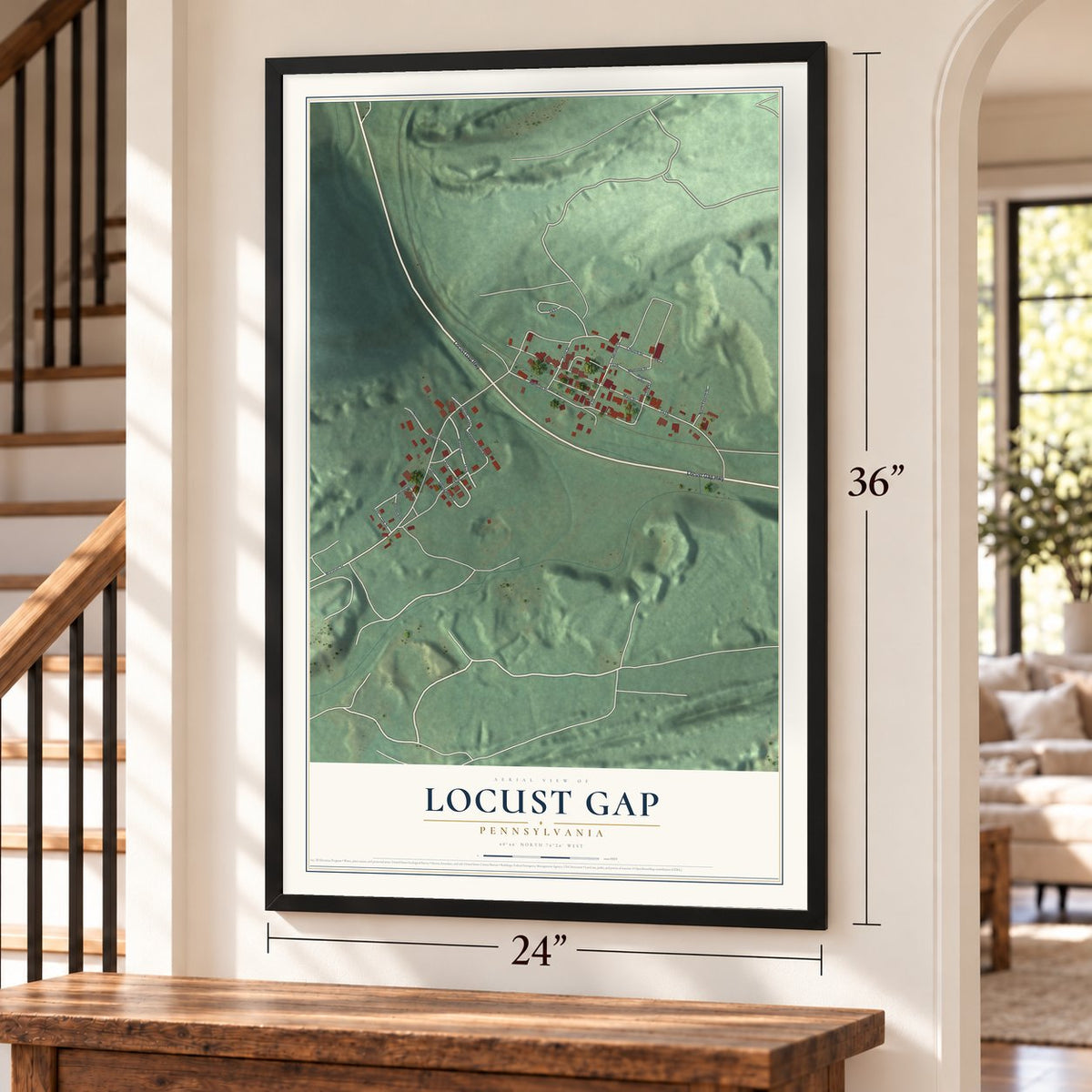 Locust Gap, Pennsylvania map, 24 x 36 inch print in a black frame by a staircase