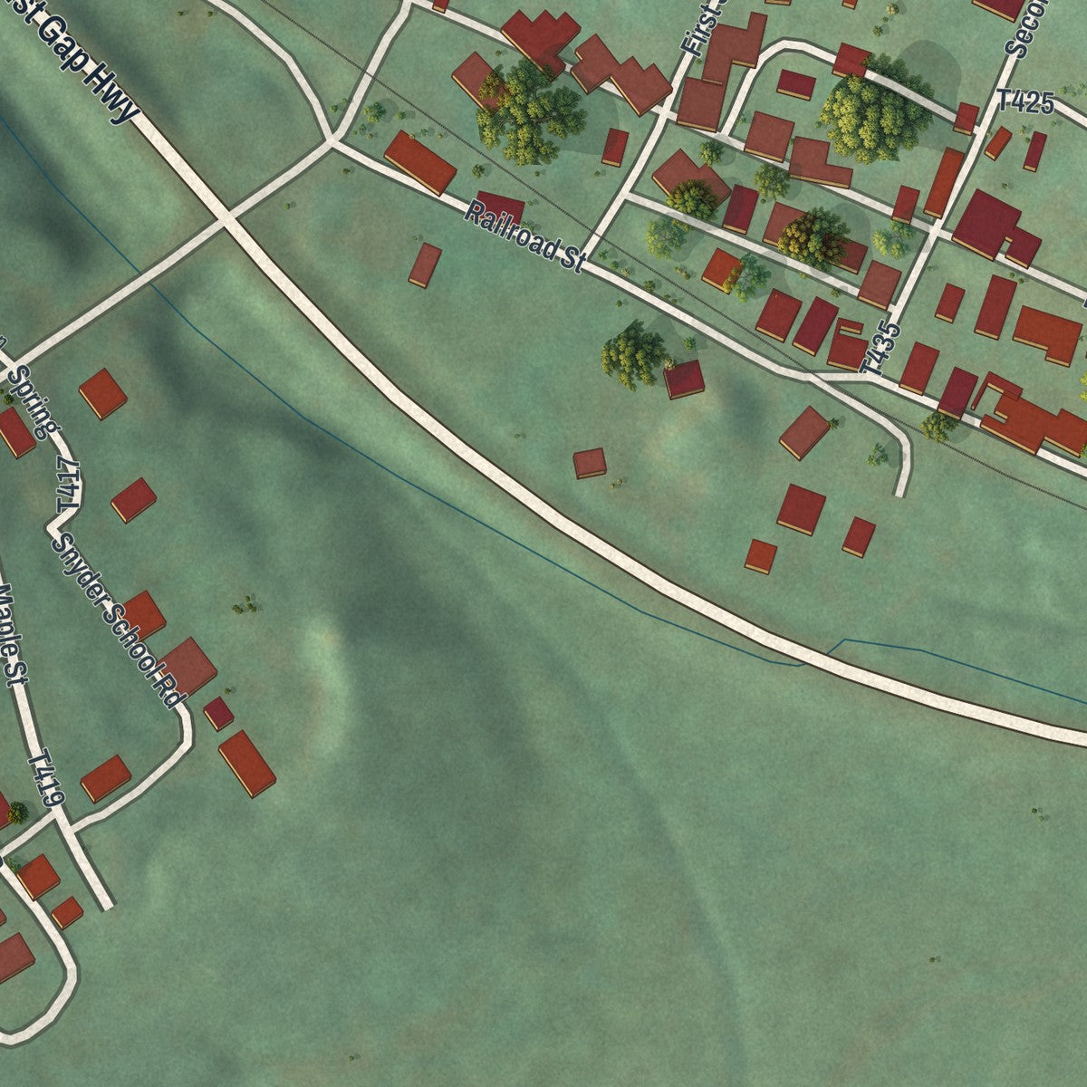 Close-up of the map of Locust Gap, Pennsylvania print showing street and building detail